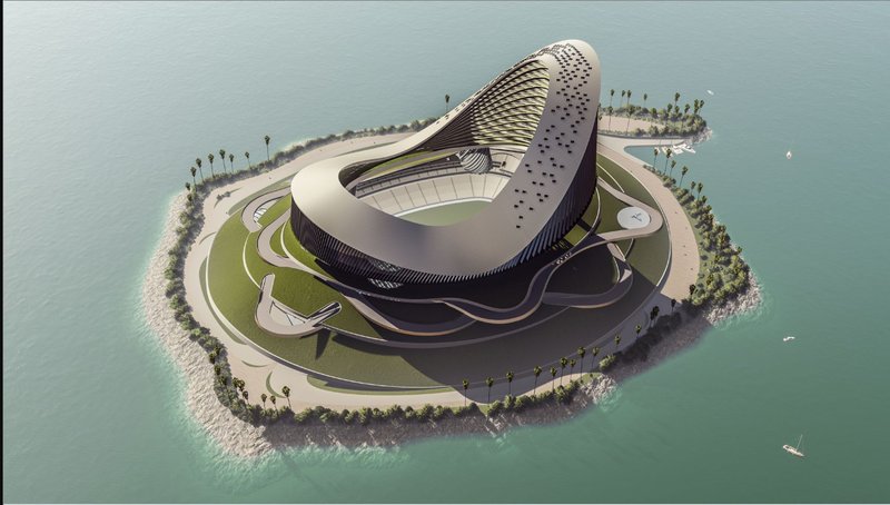 Aerial three-quarter from the opposite side: the full island massing with the stadium, sail tower, and spiralling base visible together against the turquoise water