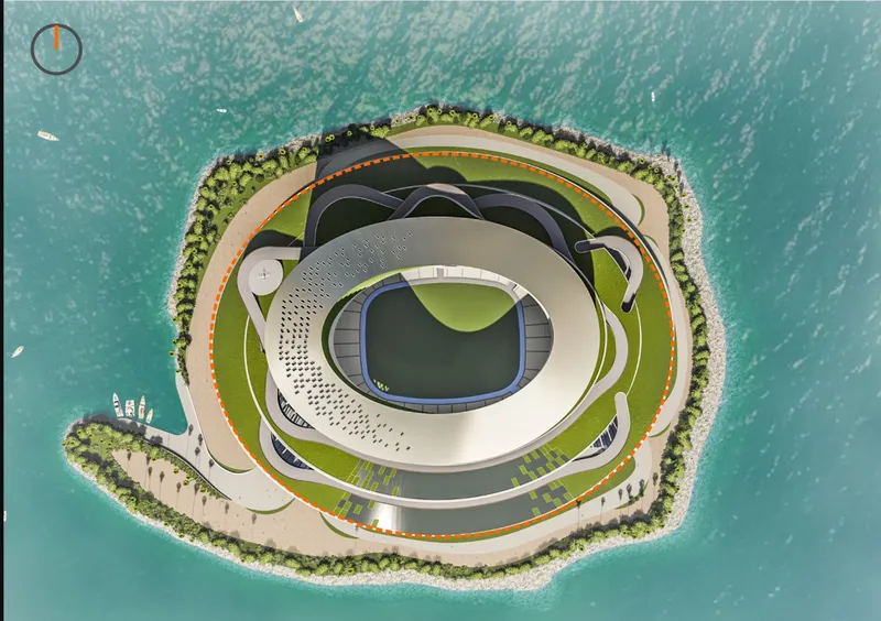 Aerial plan view: a top-down perspective of the island showing the oval stadium bowl, the sail tower, spiralling landscape ramps, and the sandy shoreline wrapping the perimeter