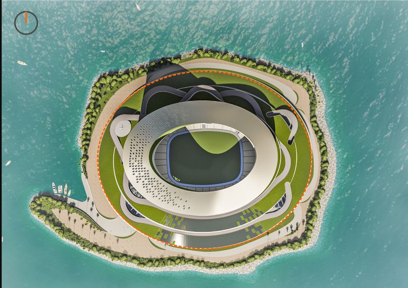 Aerial plan view: a top-down perspective of the island showing the oval stadium bowl, the sail tower, spiralling landscape ramps, and the sandy shoreline wrapping the perimeter