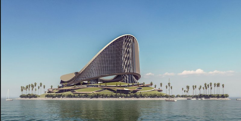 Distant sea view: the tower on its island seen from across the water, its curved silhouette reading as a single fin against a clear sky