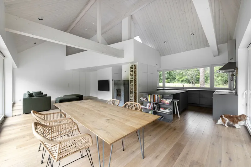 Open plan living space with exposed timber ceiling beams and a dog crossing the oak floor