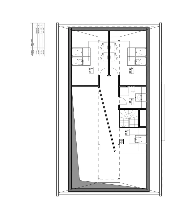 Floor plan drawing showing an upper level with bedrooms and a diagonal sculptural stair void