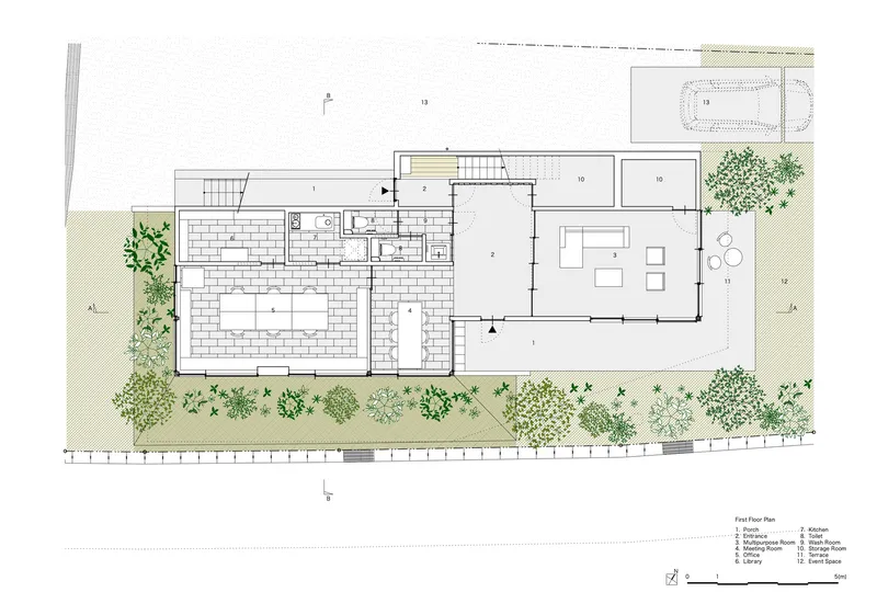 First floor plan drawing showing interior room layouts with a swimming pool and landscaped front garden