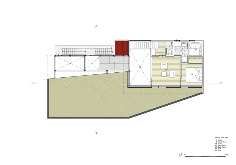 Upper floor plan drawing showing bedroom spaces and a terrace with angled boundary walls