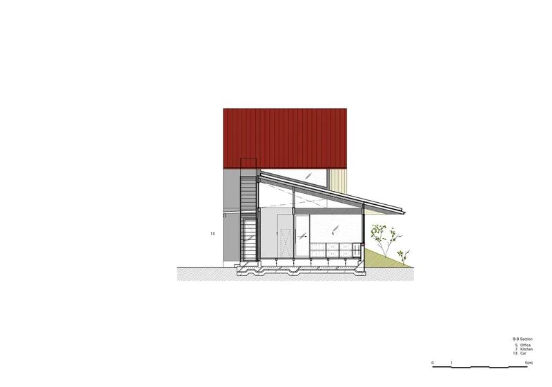 Section drawing showing the relationship between a red-roofed tower and a sloped-roof pavilion with adjacent planting