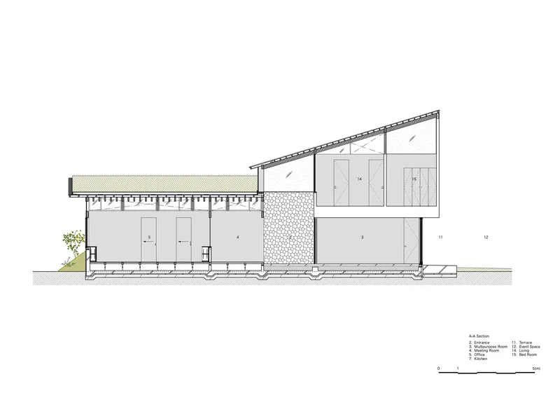Section drawing showing split-level interior volumes beneath a sloped roof with exposed structural framing