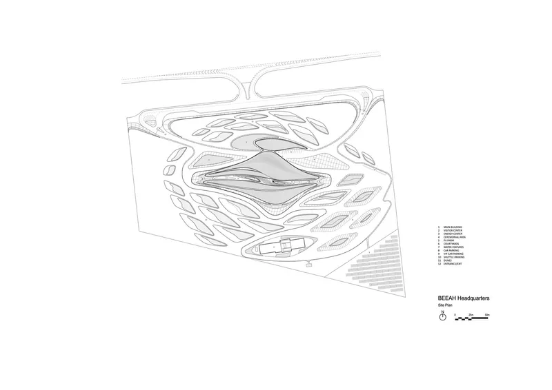 Site plan drawing showing the layered horizontal organization of interior spaces and circulation paths