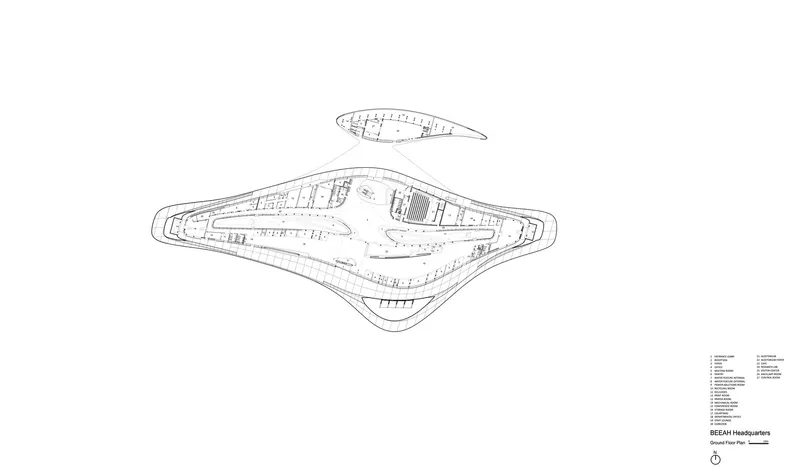 Ground floor plan drawing depicting the diamond-shaped building footprint with central atrium and parking areas