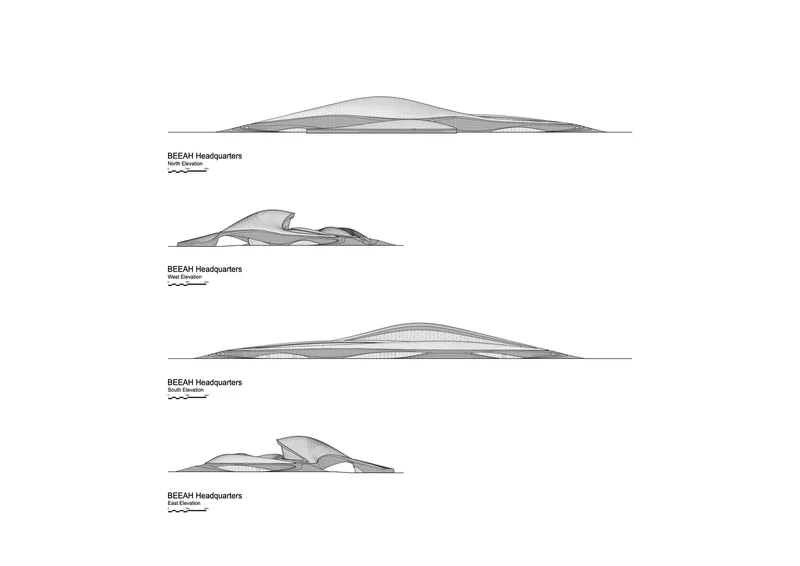 Elevation drawings showing four directional views of the low-profile building with its layered roof forms