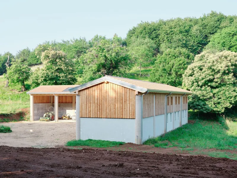 Side elevation showing the timber and concrete shed with gabled roof against wooded slopes