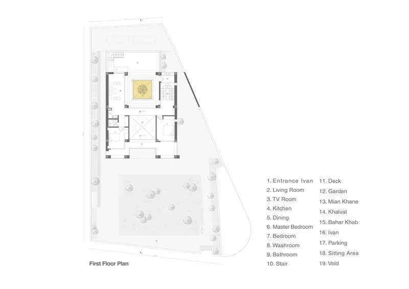 First floor plan drawing showing rooms arranged around a central courtyard with garden below