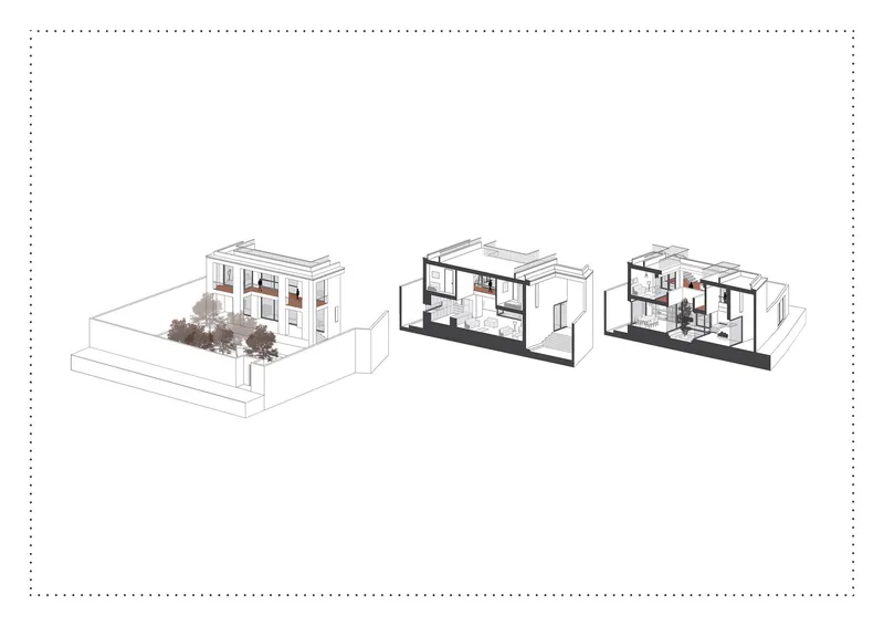Axonometric sequence showing the building envelope, structural section, and interior spatial arrangement with courtyard