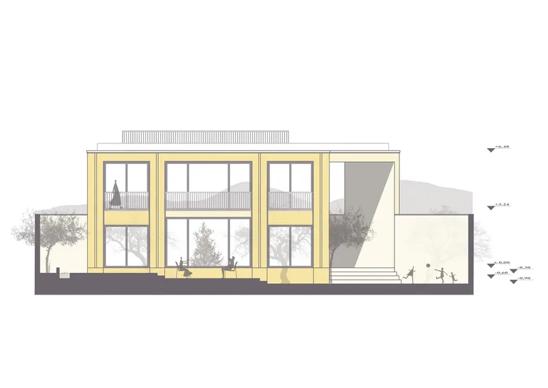 Elevation drawing showing a two-story yellow-framed facade with large windows and adjacent trees