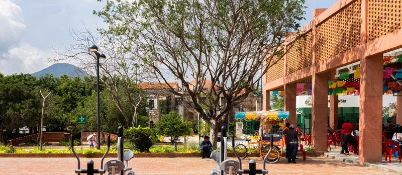 Plaza view with mature tree, exercise equipment, and perforated brick colonnade framing distant mountain