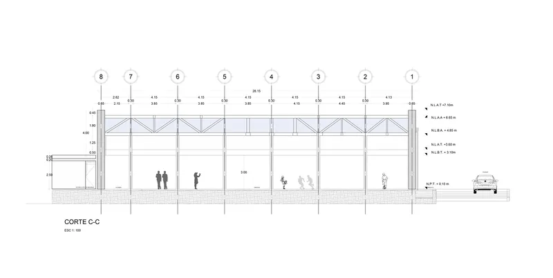 Section drawing showing covered market structure with exposed truss roof and human figures at ground level