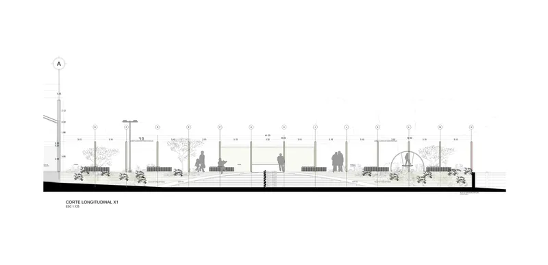 Longitudinal section drawing depicting repeating column bays with planting beds and pedestrian figures between