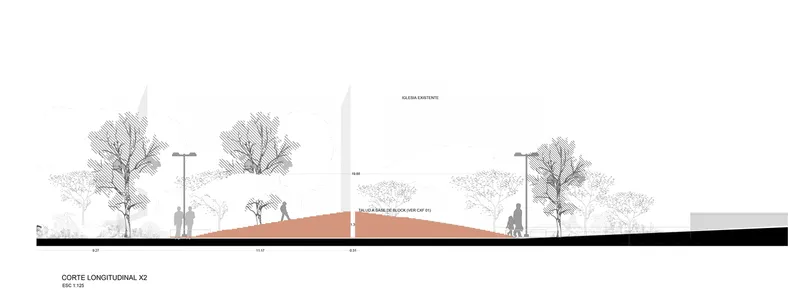 Section drawing showing terra cotta canopy sheltering pedestrians with trees and church tower in background