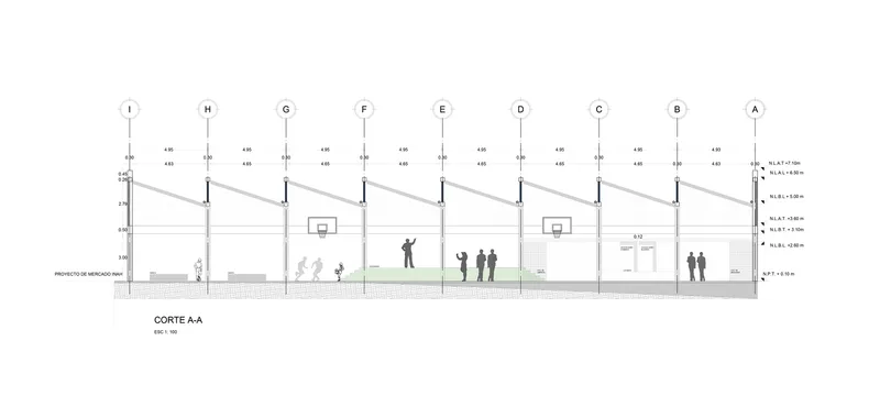 Section drawing showing repeating structural bays with angled roof and human figures at court level