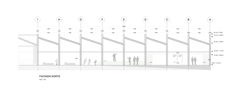Elevation drawing depicting glazed facade with diagonal bracing and standing figures inside transparent volumes