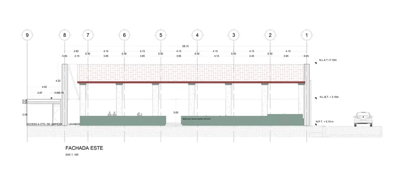 East elevation drawing showing cantilevered roof structure above columns with vehicle for scale