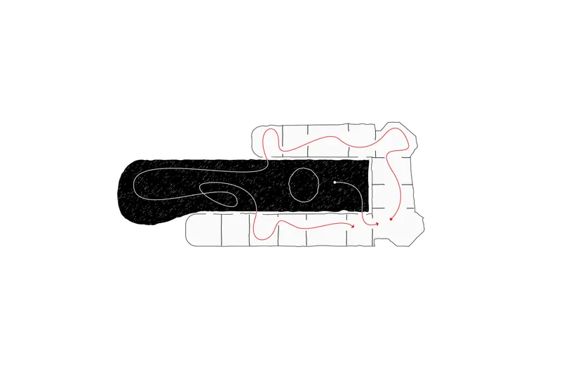 Floor plan drawing depicting a curved central circulation space connecting rooms on either side