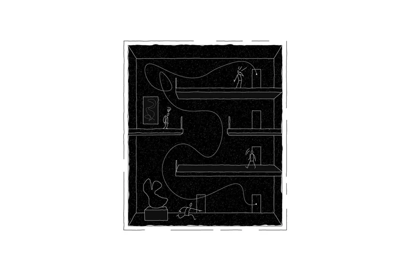 Section drawing showing three levels connected by a flowing sculptural staircase with human figures for scale