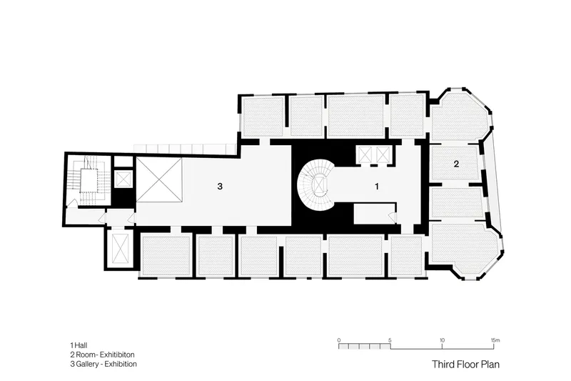Third floor plan drawing showing exhibition spaces with a central circular stair and corner tower element
