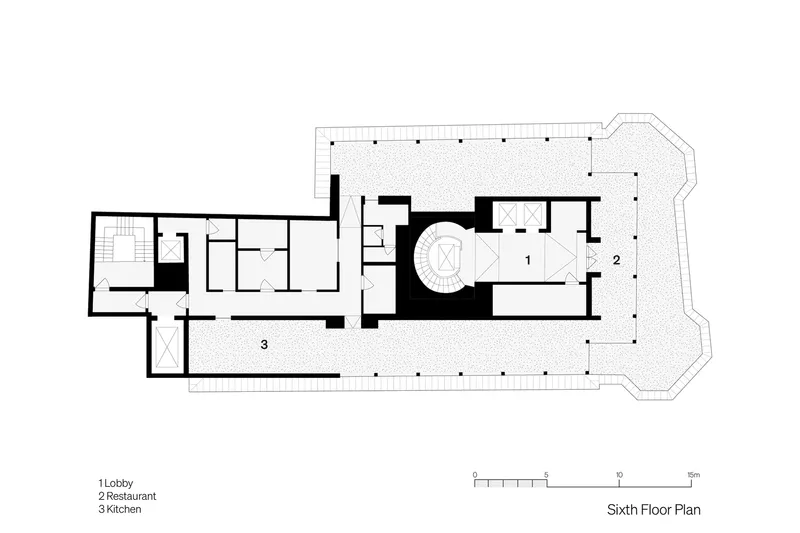 Sixth floor plan drawing showing a restaurant and lobby wrapping around a central circular core