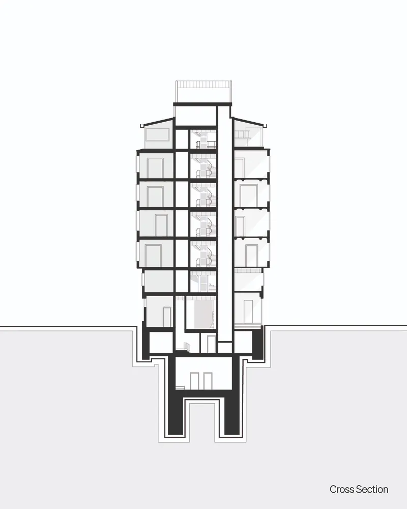 Cross section drawing showing the tower rising above grade with a below-grade structural foundation