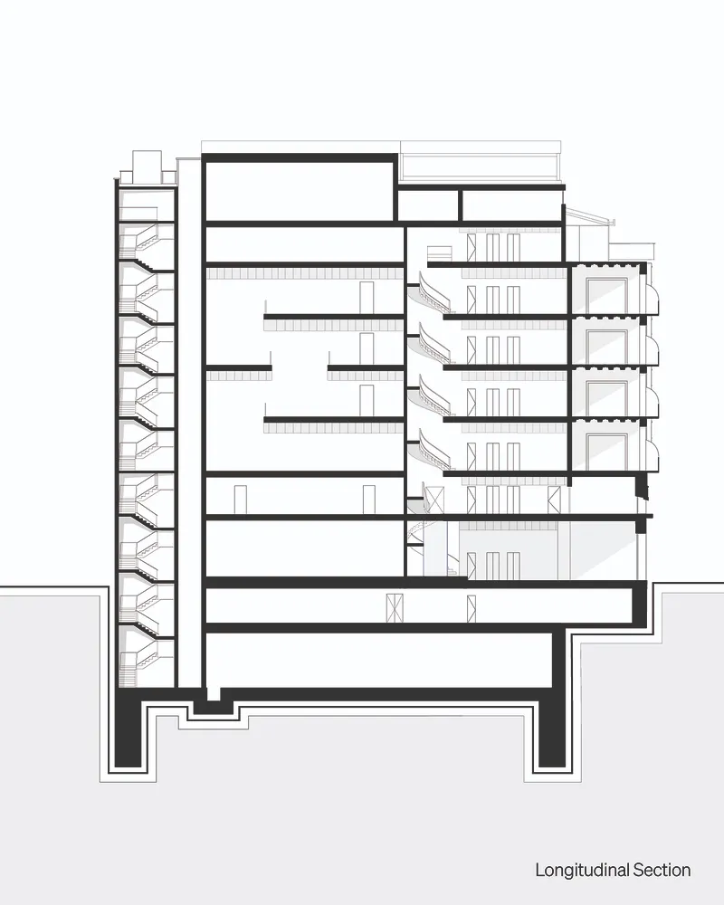 Longitudinal section drawing showing multiple floors with staircases and balconies in a residential building