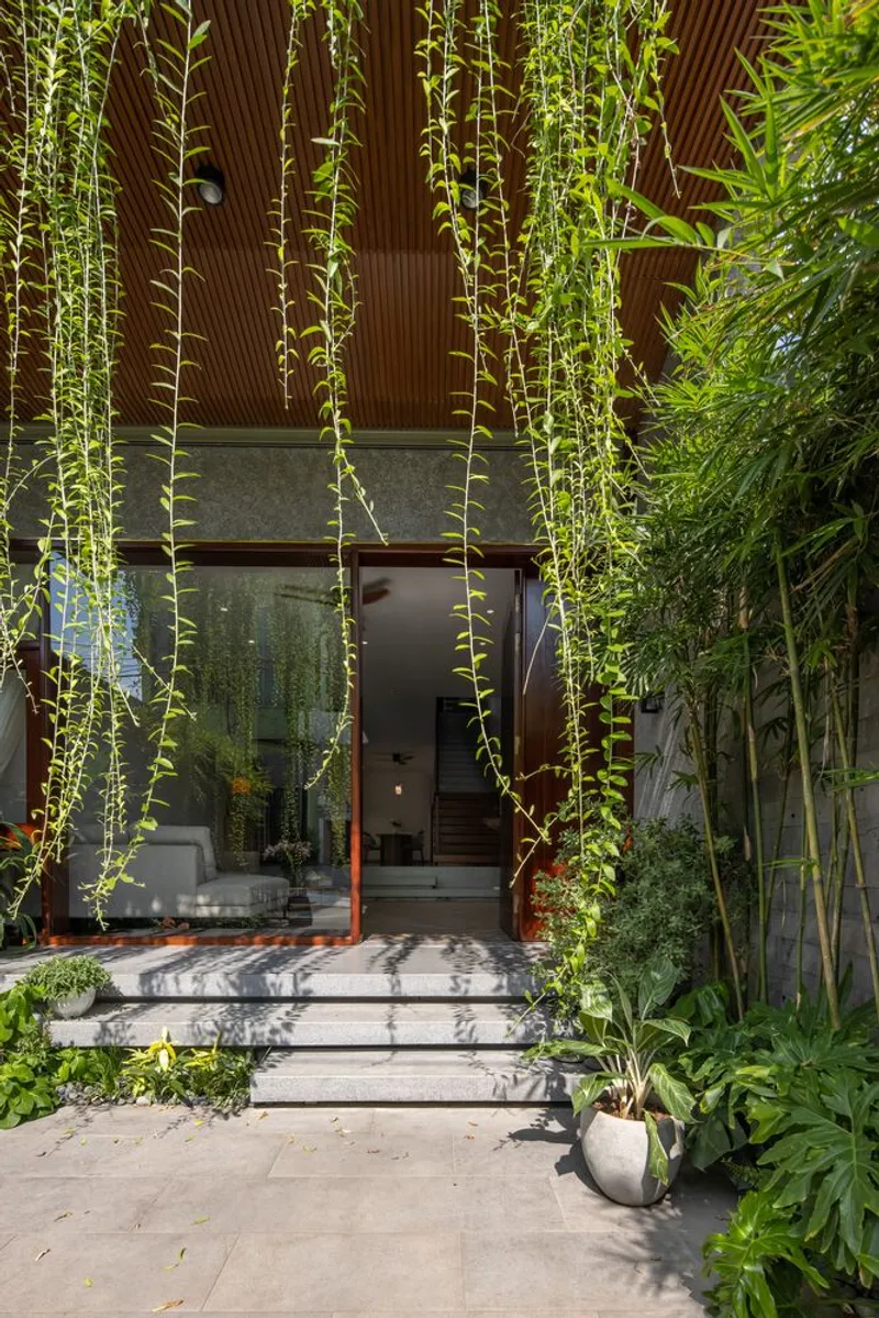 Entrance steps framed by hanging vines and bamboo leading to a glass door beneath timber louvers