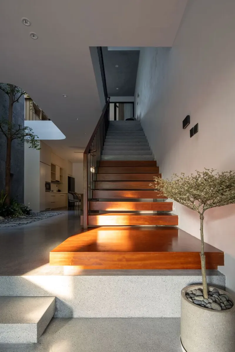 Timber staircase with integrated lighting rising alongside a potted tree in a concrete planter at dusk