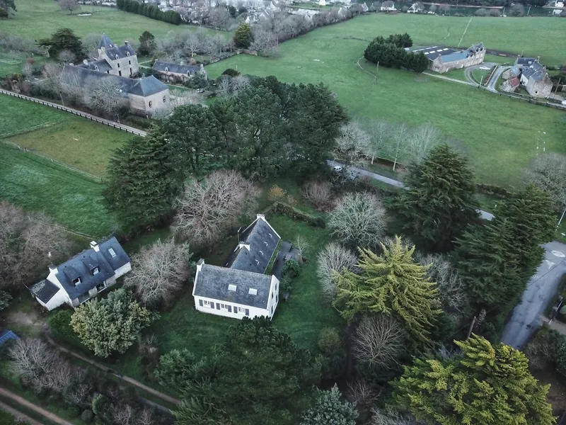 Aerial view of the gabled volumes set among mature trees in green fields