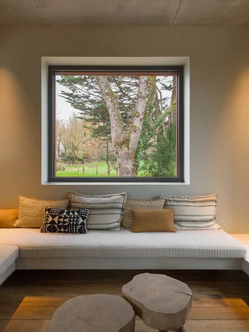 Deep window seat with cushions framing a view of trees in the landscape beyond
