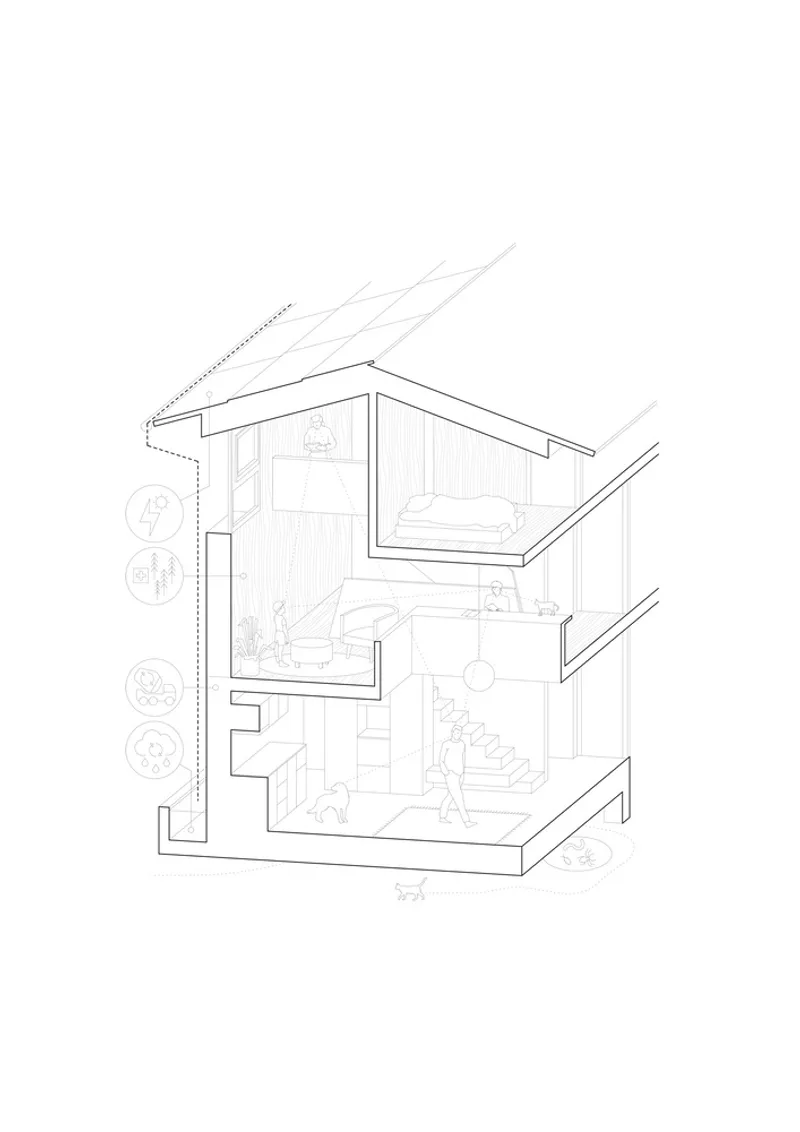 Axonometric section drawing revealing the interior spatial arrangement across two levels with a sloping roof