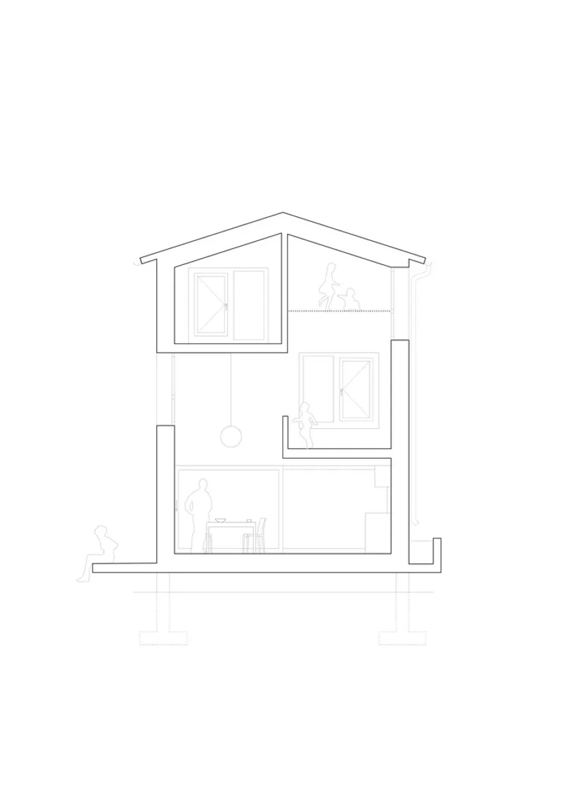 Section drawing showing the three-story residence with split-level interior volumes and a gabled roof