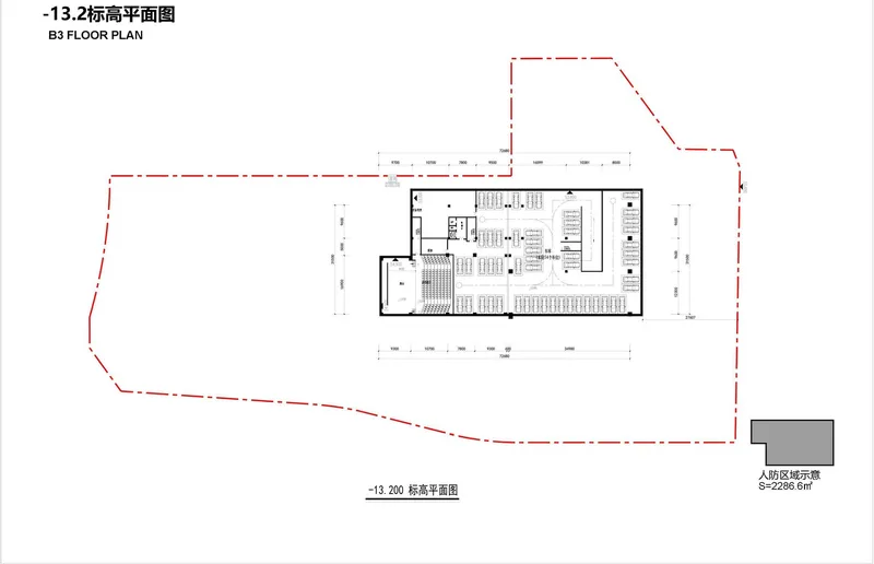 Floor plan drawing showing an upper level with irregular perimeter and central auditorium space