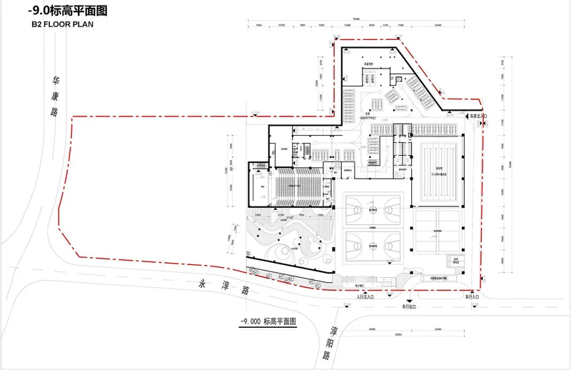 Floor plan drawing showing a level with dual basketball courts and diagonal stepped seating zone