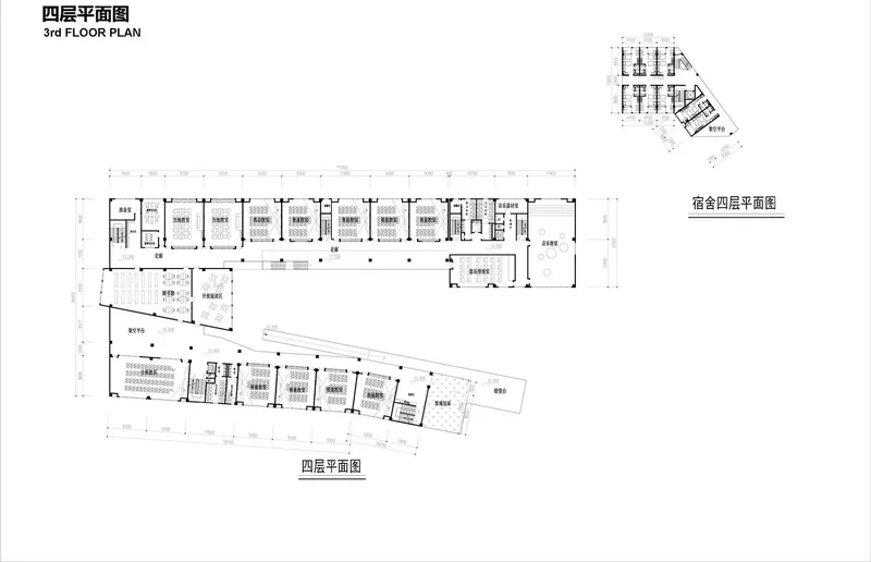 Third floor plan showing angled wings of classrooms branching from a central circulation spine