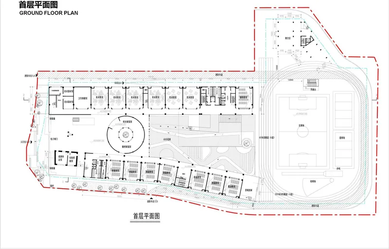 Ground floor plan with outdoor sports field and courtyard ringed by classroom blocks