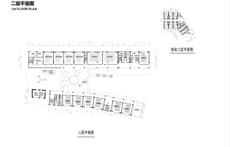 First floor plan showing two wings connected by a central corridor with circular courtyard