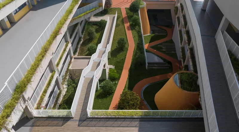 Rooftop courtyard with orange curved walls and planted terraces between white balconies