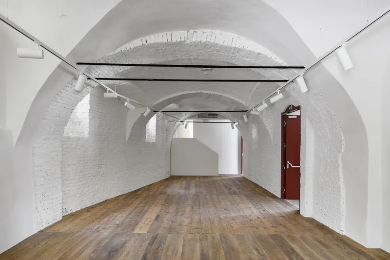 Vaulted interior with white-painted brick arches, timber flooring, and track lighting along black rails