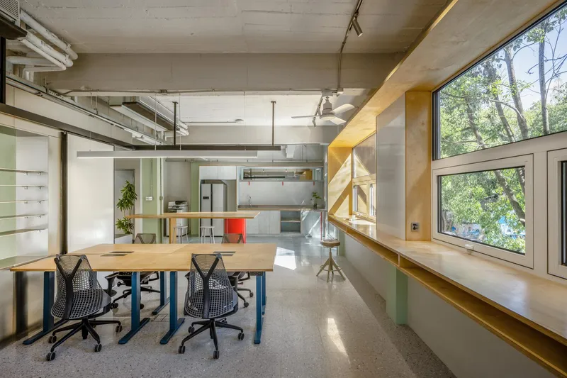 Open workspace with exposed concrete ceiling, timber workbenches and floor-to-ceiling windows overlooking green trees
