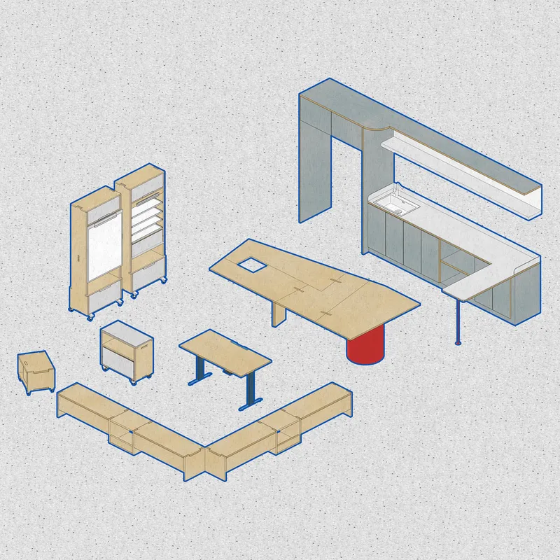 Isometric drawing of modular furniture components including desks, storage units, and seating elements