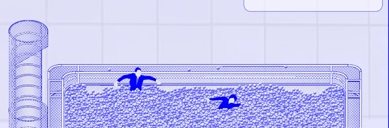 Section drawing of a rooftop pool with swimmers and a cylindrical tower element