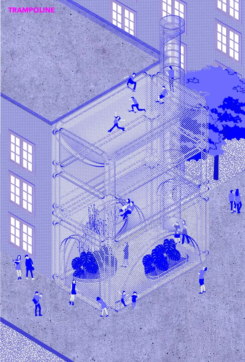 Isometric drawing of an outdoor structure with trampoline level, spiral tower and figures
