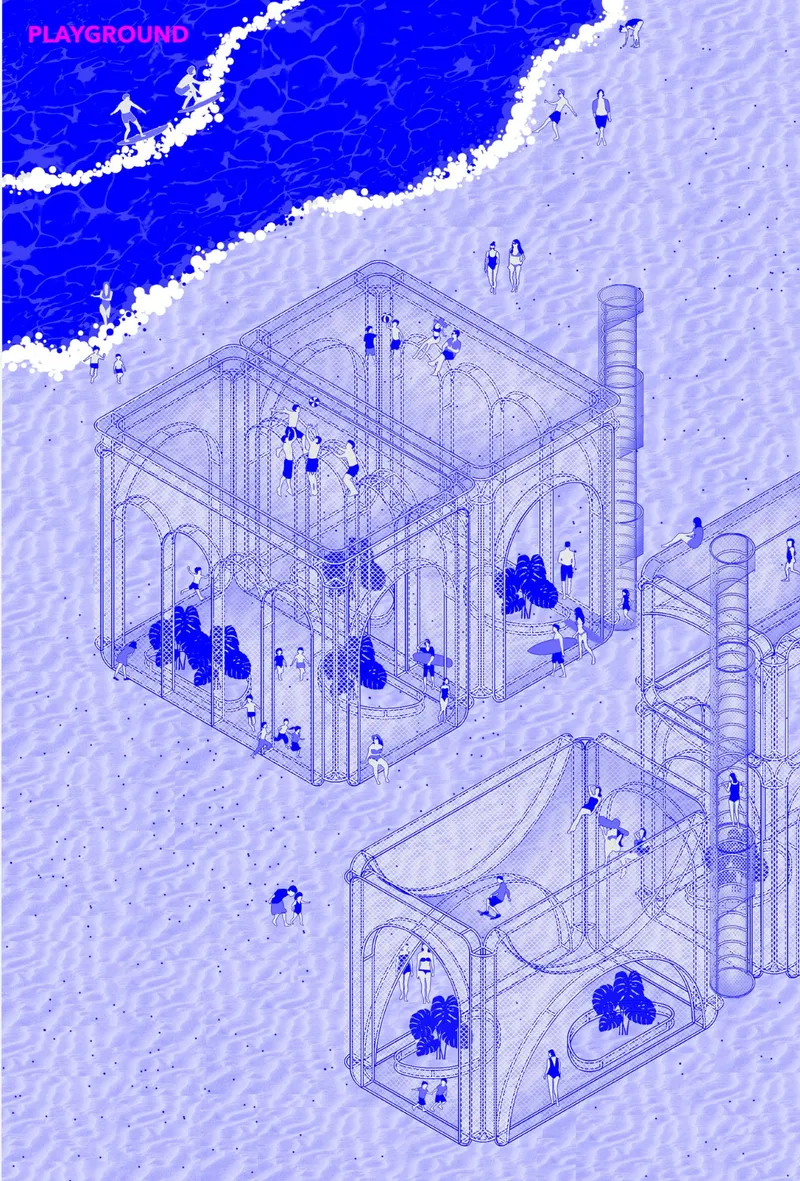 Exploded axonometric drawing showing two stacked volumes with pool and planted interiors