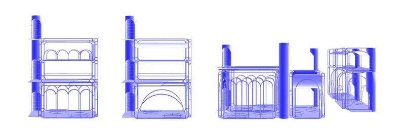 Elevation drawings displaying arched arcades and stacked structural bays with chimneys