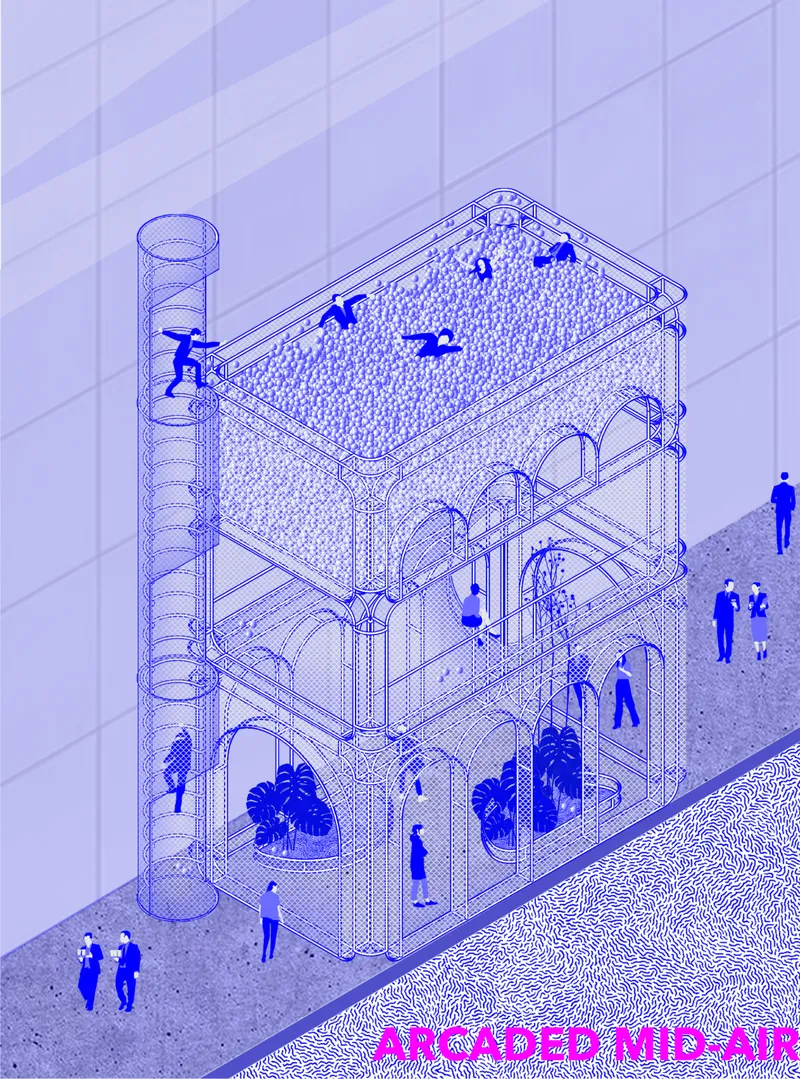Isometric drawing of a multilevel pavilion with pool, planted beds and figures on stairs